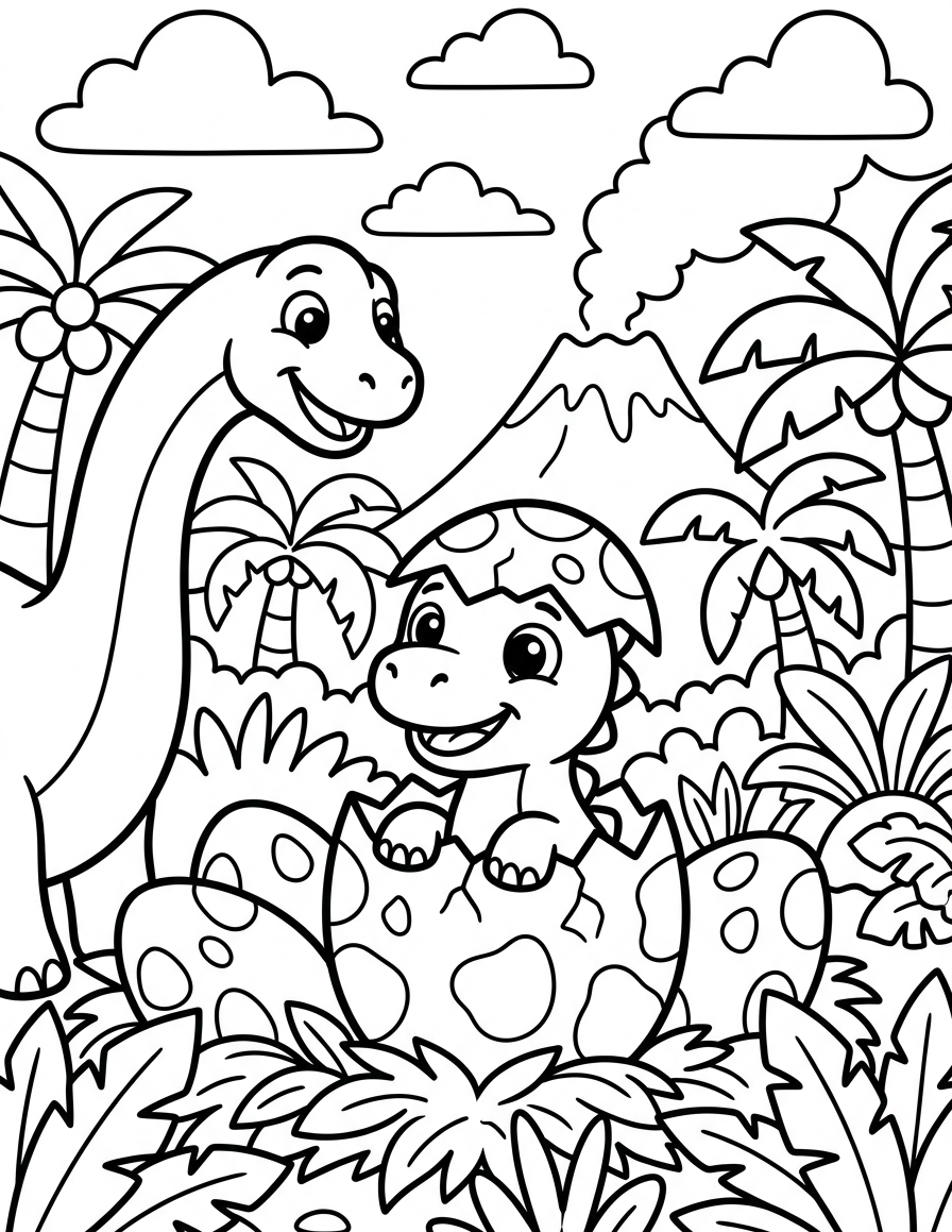 Baby Dinosaur Hatching from an Egg — free printable coloring page for kids ages 3–8