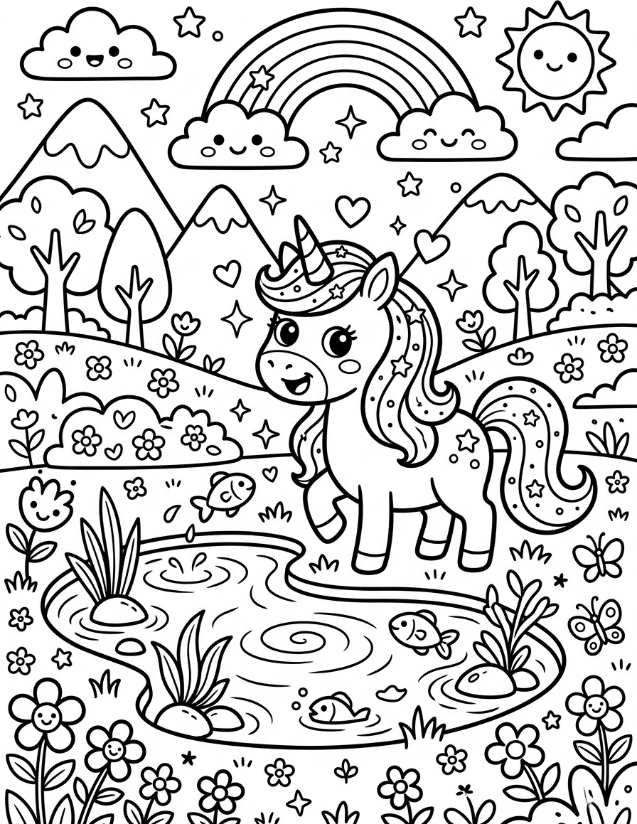 Baby Unicorn by a Crystal Pond — free printable coloring page for kids ages 3–8