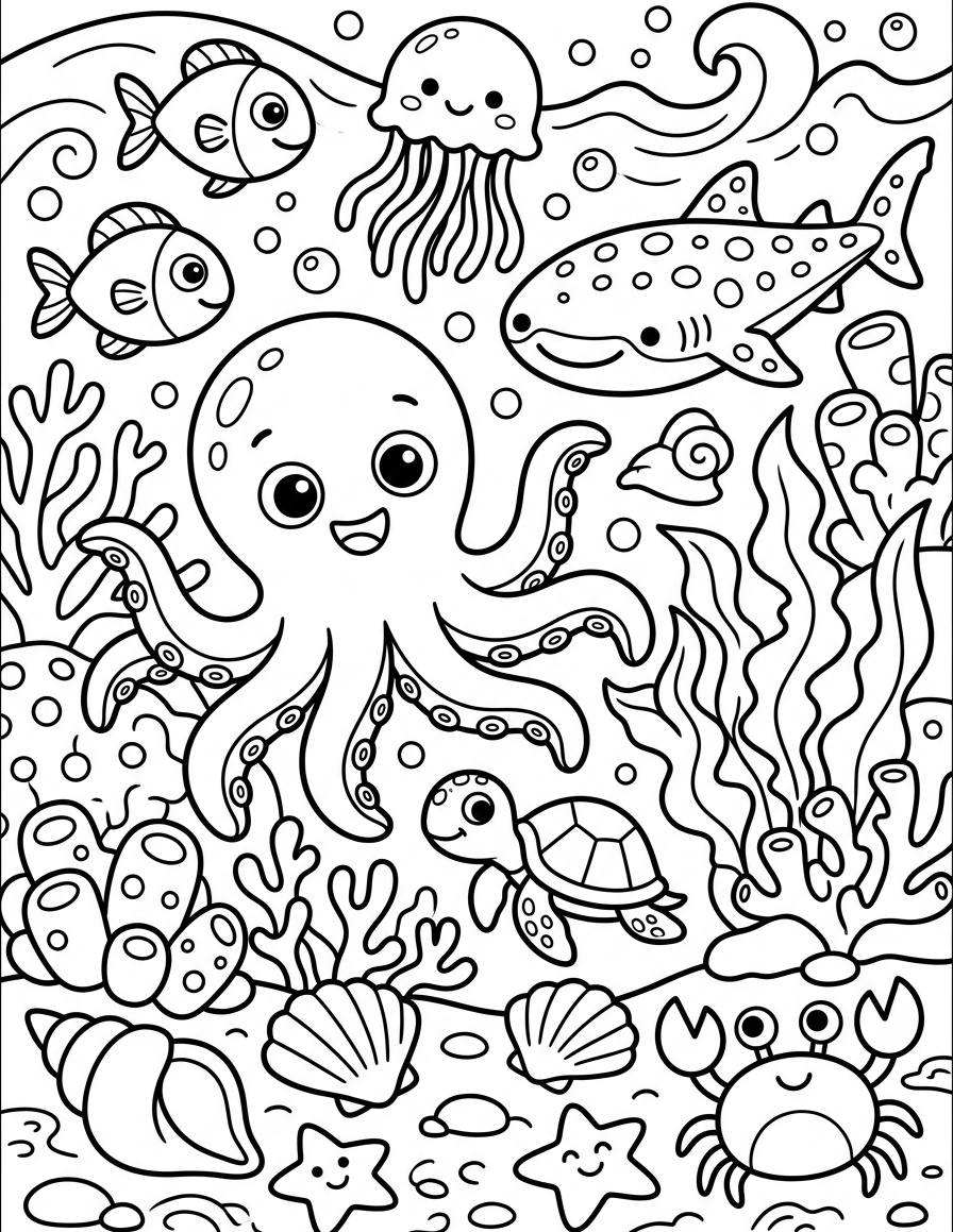 Curious Octopus in the Coral Reef — free printable coloring page for kids ages 3–8