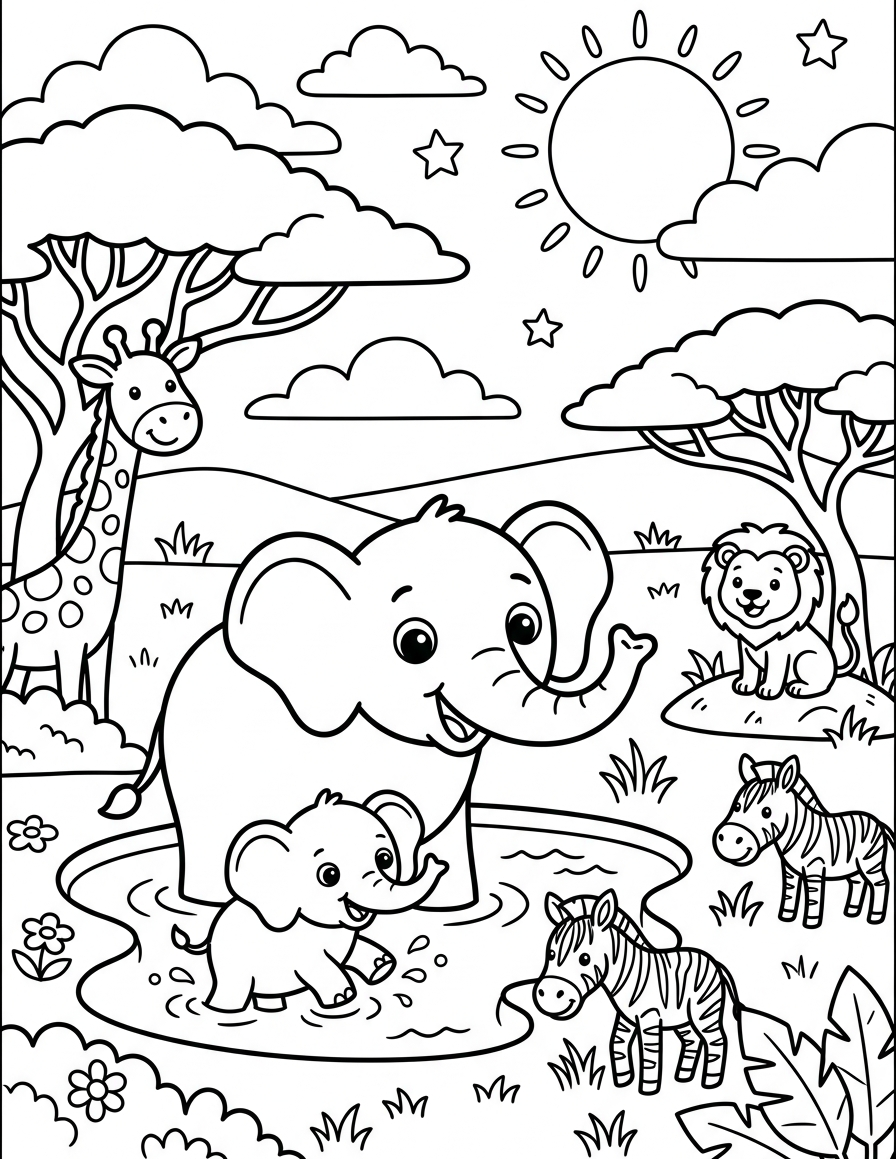 Elephant Family at the Water Hole — free printable coloring page for kids ages 3–8