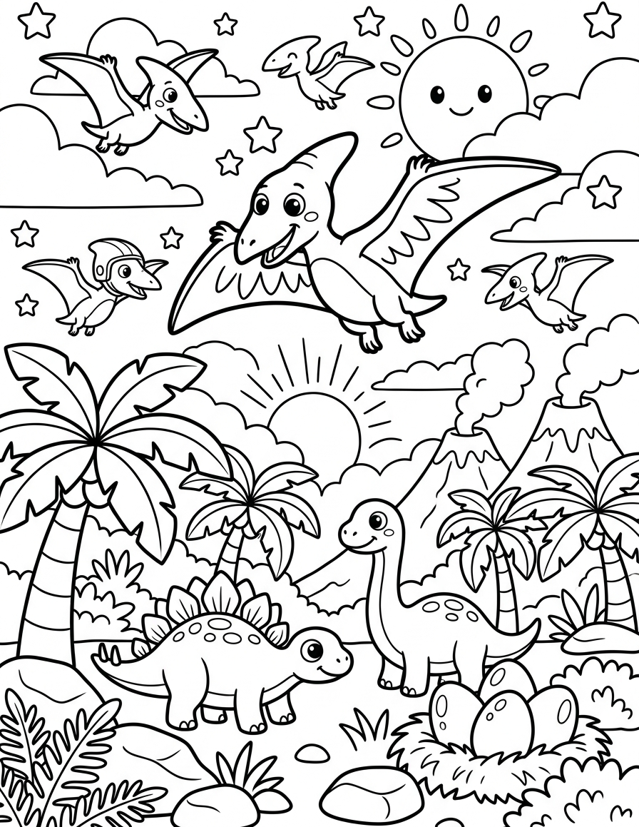 Flying Dinosaurs at Sunrise — free printable coloring page for kids ages 3–8
