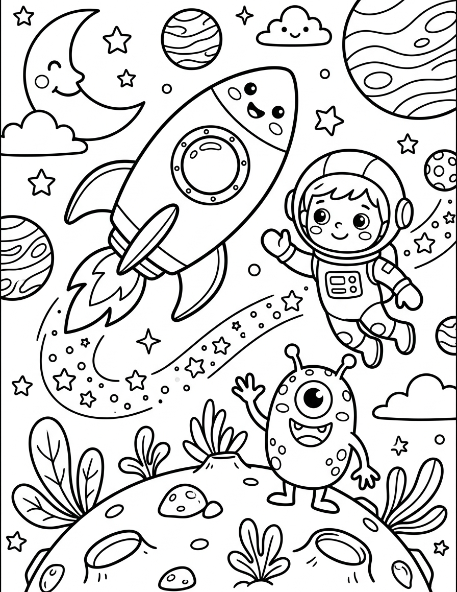 Friendly Alien and Rocket — free printable coloring page for kids ages 3–8