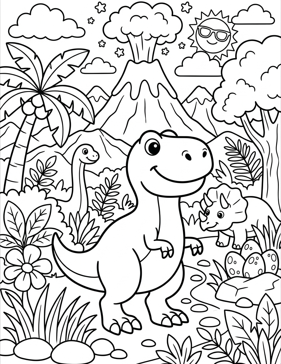 Friendly T-Rex in the Jungle — free printable coloring page for kids ages 3–8