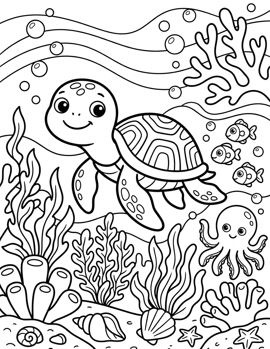 Gentle Sea Turtle Swimming — free printable coloring page for kids ages 3–8