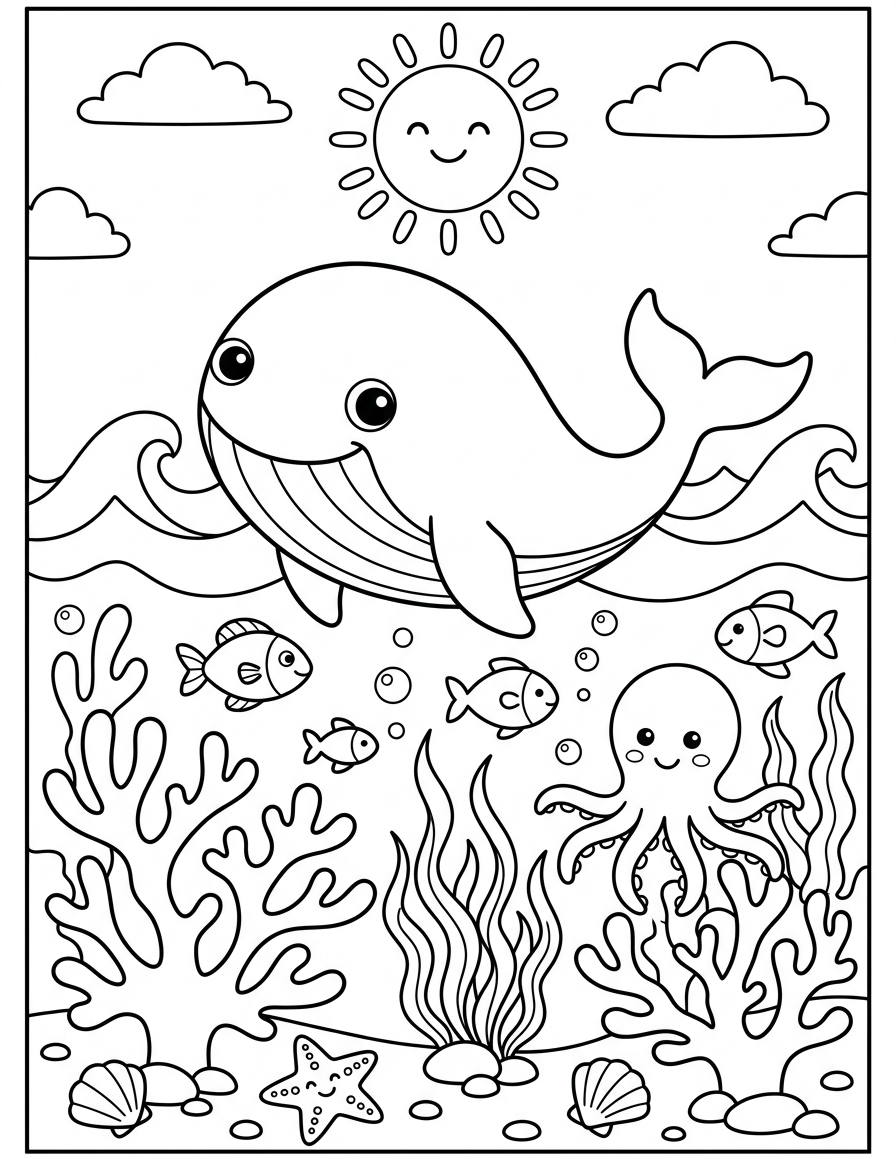 Happy Whale under the Sun — free printable coloring page for kids ages 3–8