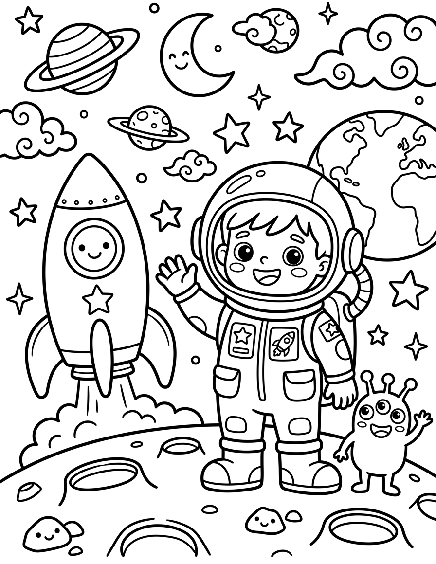 Little Astronaut on the Moon — free printable coloring page for kids ages 3–8