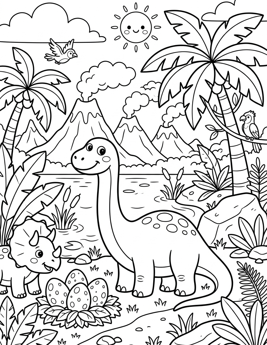 Long-Neck Dinosaur by the Lake — free printable coloring page for kids ages 3–8