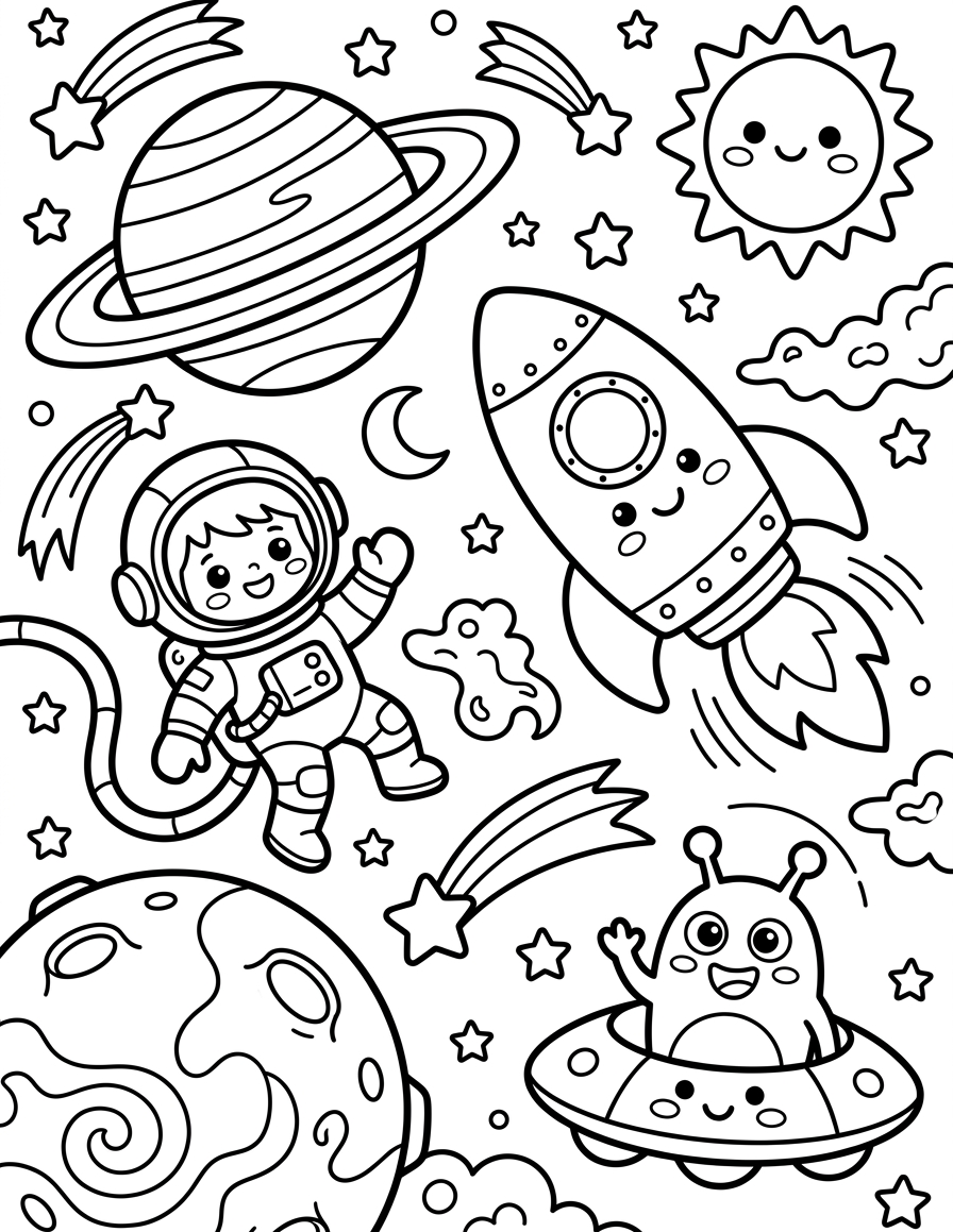 Planets and Shooting Stars — free printable coloring page for kids ages 3–8