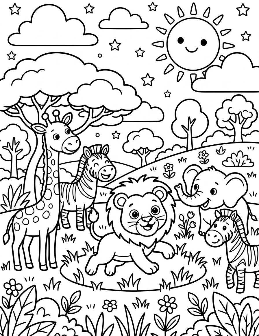Playful Lion Cub in the Grass — free printable coloring page for kids ages 3–8
