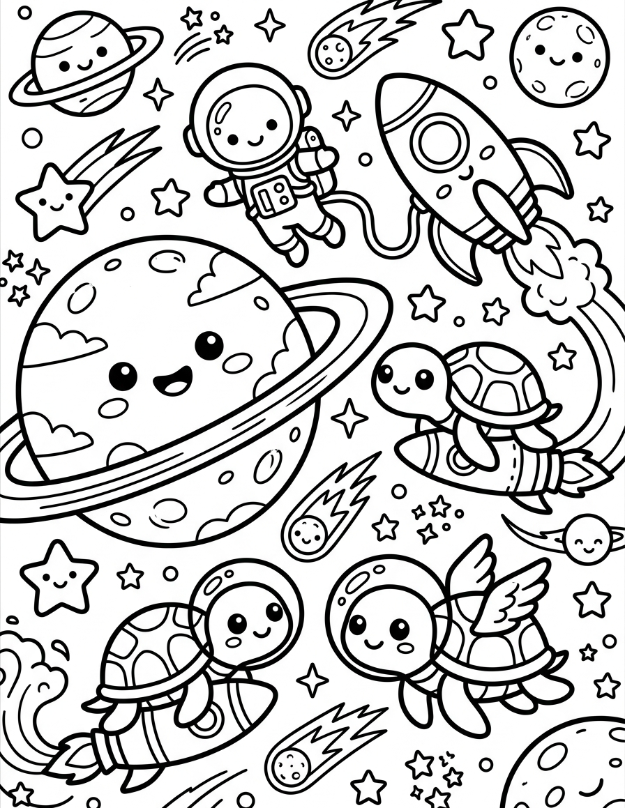 Ringed Planet with Space Turtles — free printable coloring page for kids ages 3–8