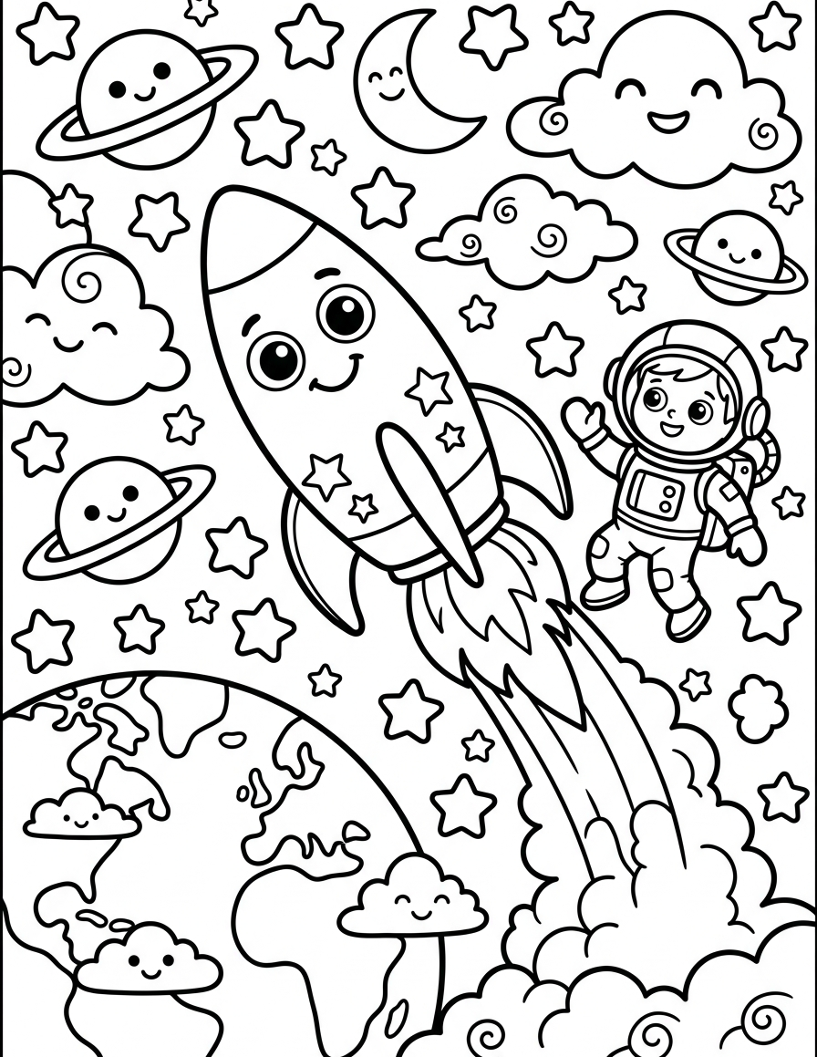 Rocket Blasting Off from Earth — free printable coloring page for kids ages 3–8