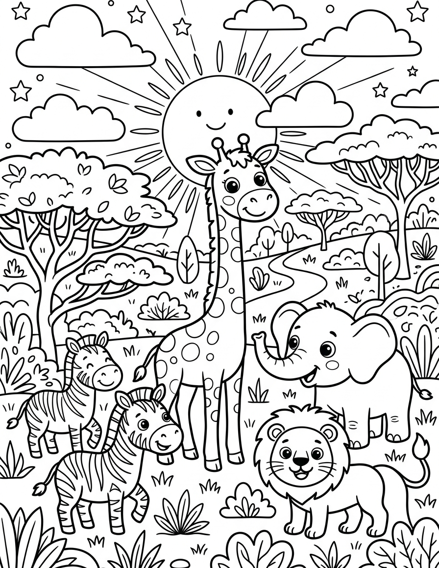 Safari Sunset with Animals — free printable coloring page for kids ages 3–8