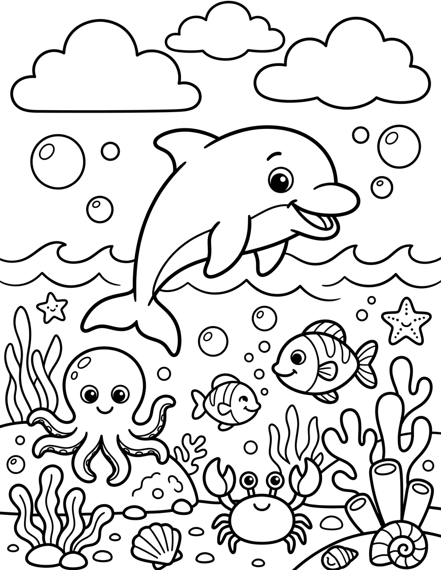 Smiling Dolphin and Bubbles — free printable coloring page for kids ages 3–8
