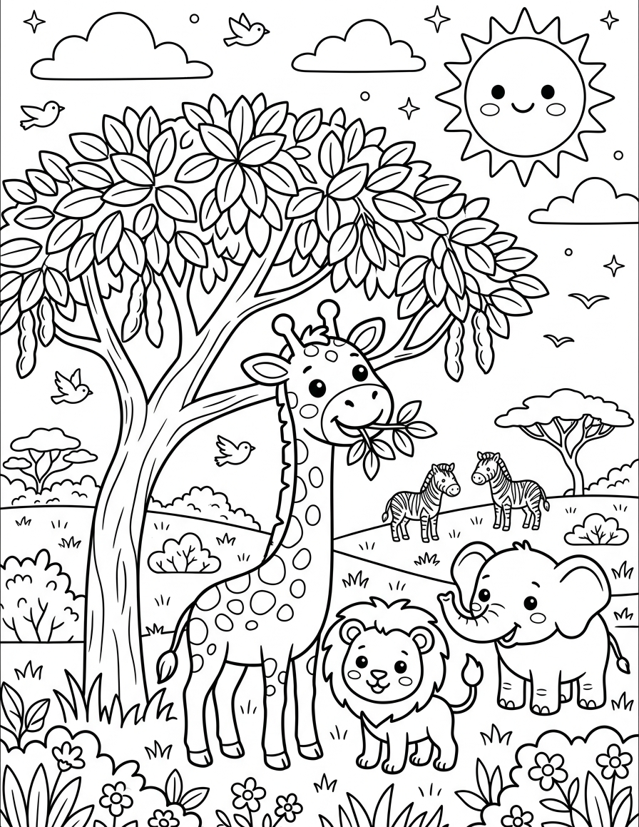 Smiling Giraffe under Acacia Tree — free printable coloring page for kids ages 3–8