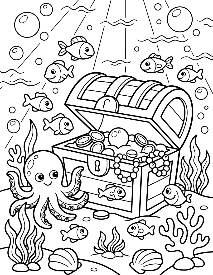Treasure Chest and Tiny Fish — free printable coloring page for kids ages 3–8