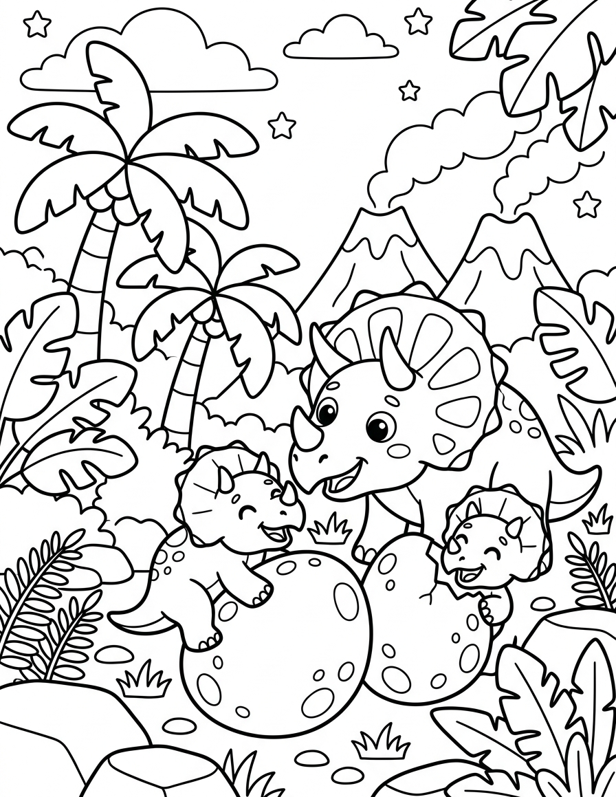 Triceratops Family Playing — free printable coloring page for kids ages 3–8