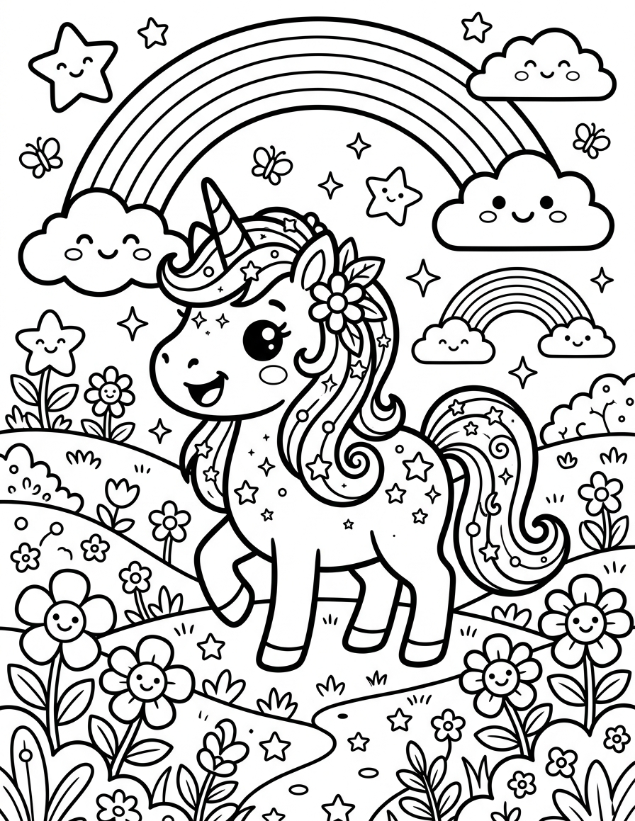 Unicorn in a Rainbow Meadow — free printable coloring page for kids ages 3–8
