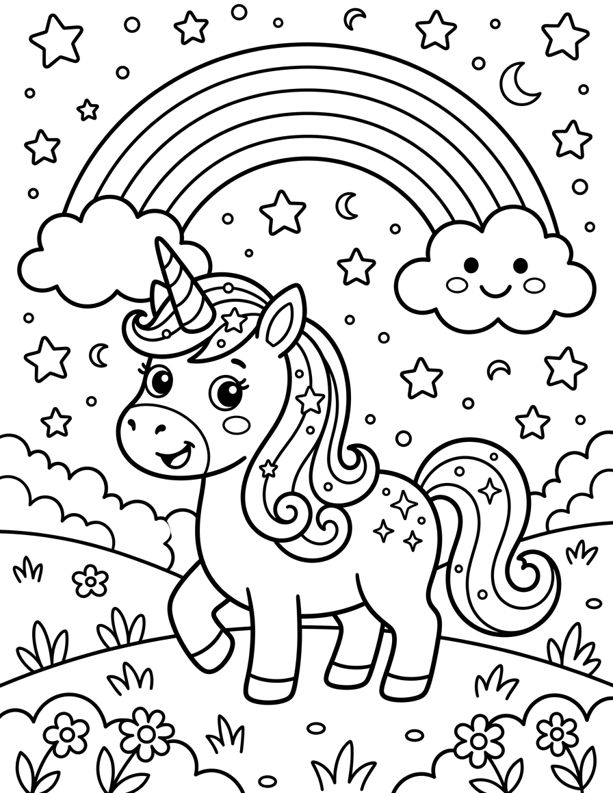 Unicorn Under a Starry Sky — free printable coloring page for kids ages 3–8