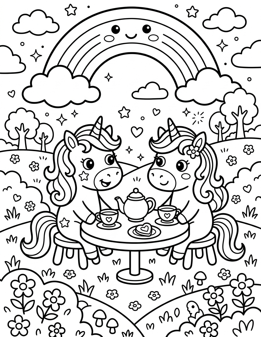 Unicorn Tea Party — free printable coloring page for kids ages 3–8