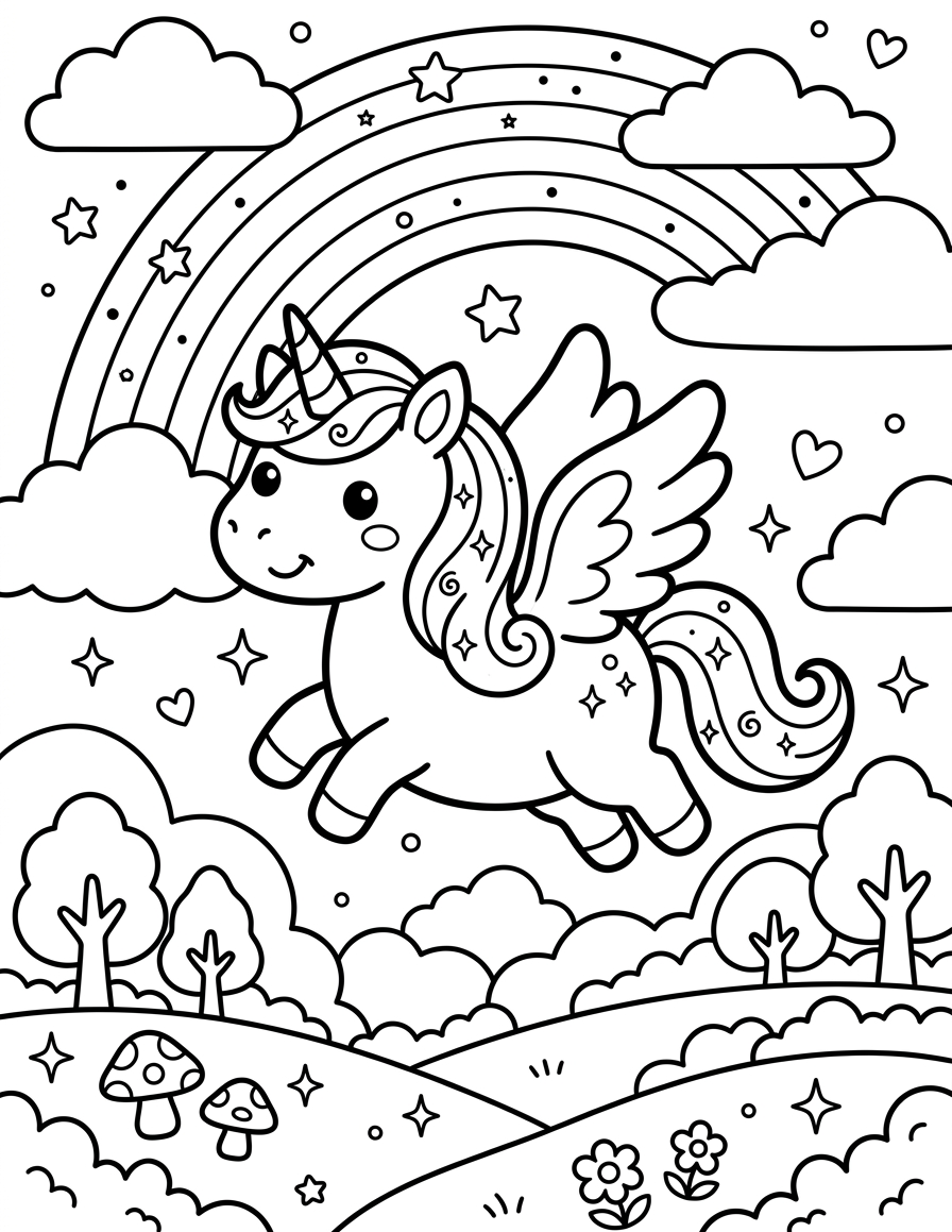 Winged Unicorn in the Clouds — free printable coloring page for kids ages 3–8