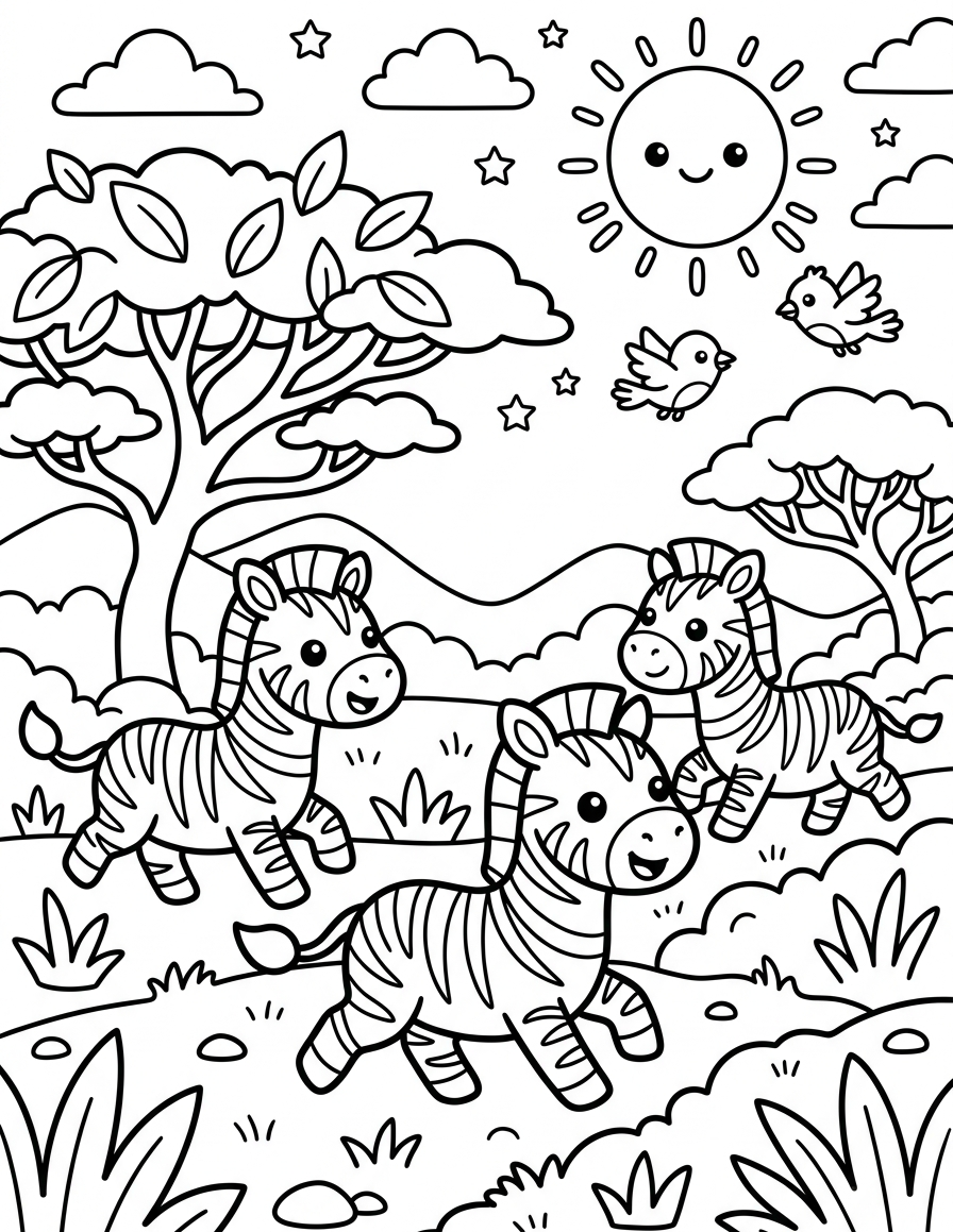 Zebras Running Across the Savannah — free printable coloring page for kids ages 3–8