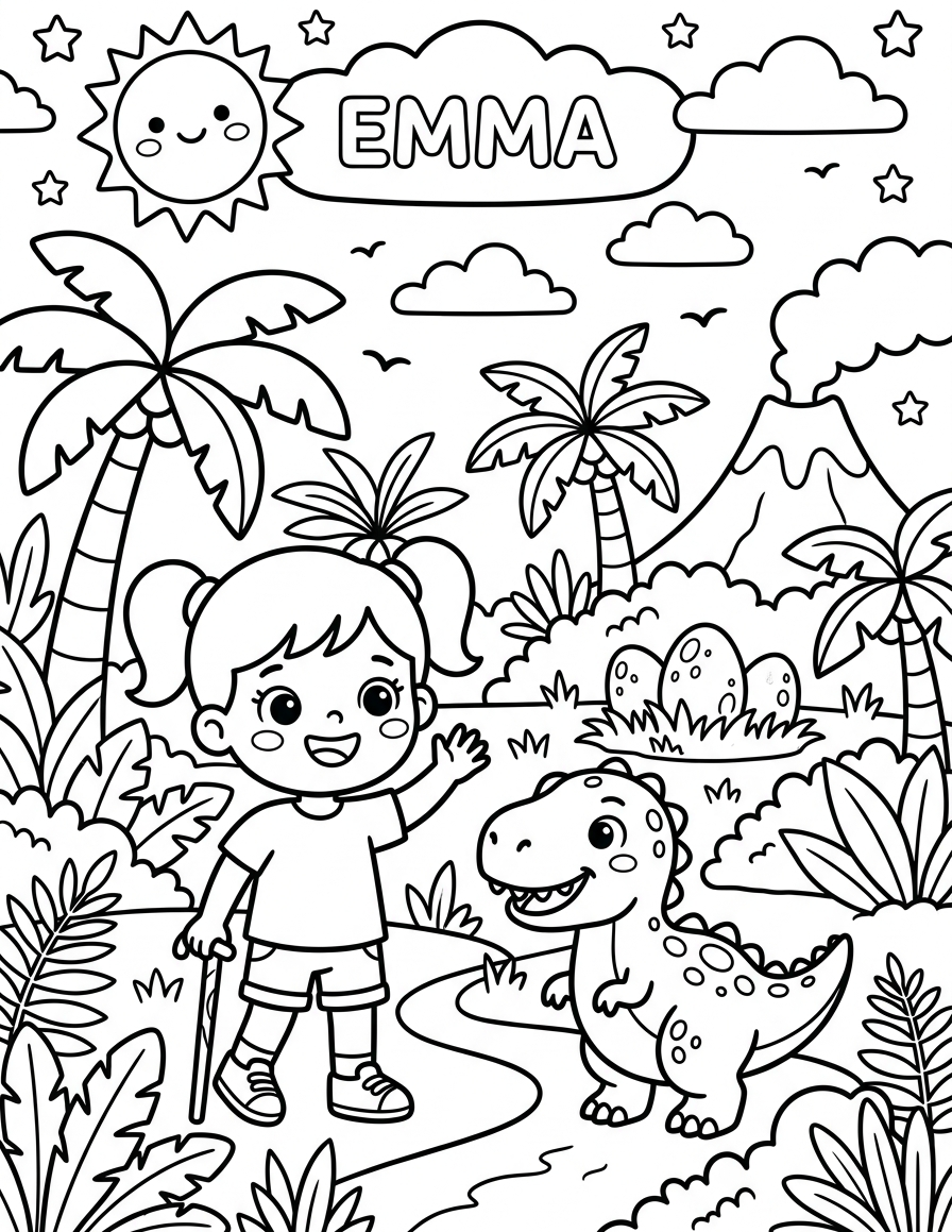 Sample cover of a personalized coloring pack — Emma's Dinosaur Adventure, featuring a friendly cartoon child and a baby T-Rex in a prehistoric jungle